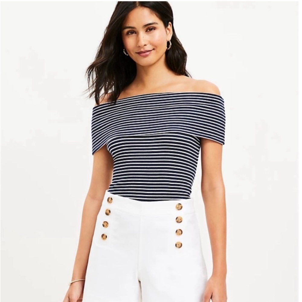 LOFT Blue and White Fitted Off-the-Shoulder Top